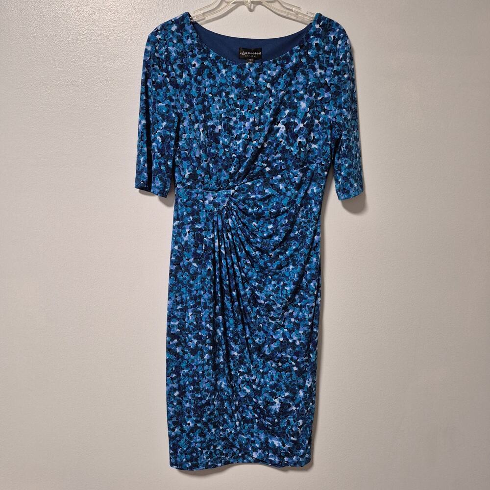 Connected Apparel Blue Sheath Cinched Waist Dress 3/4 Sleeve Crew Neck
